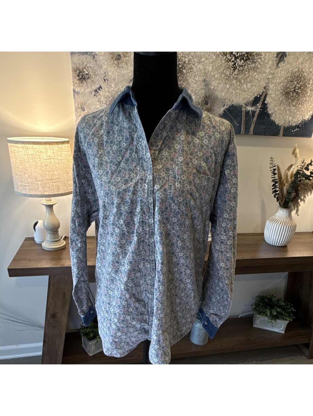 Gitano Women’s  S Floral Long Sleeve Cotton Woven Button-Up Shirt Pocket Blue